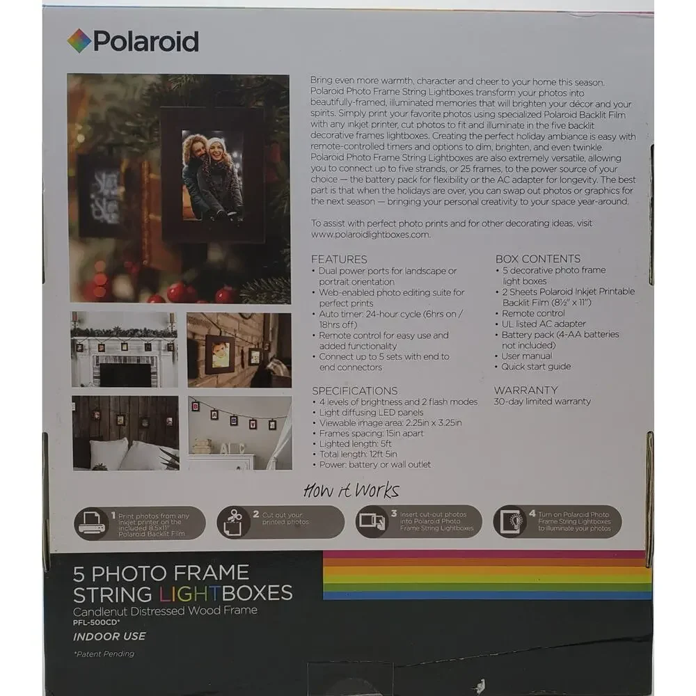 Polaroid 5-Photo Frame 12ft String LED Lightboxes -Candlenut Distressed Wood NEW